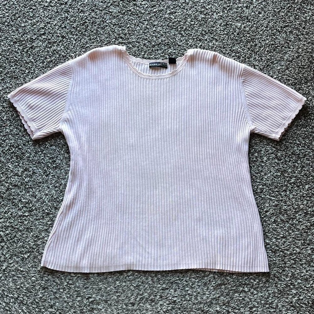 Vintage Harolds Pink Ribbed 100% Cotton Knit Top Women L 90s Quiet Luxury Dainty